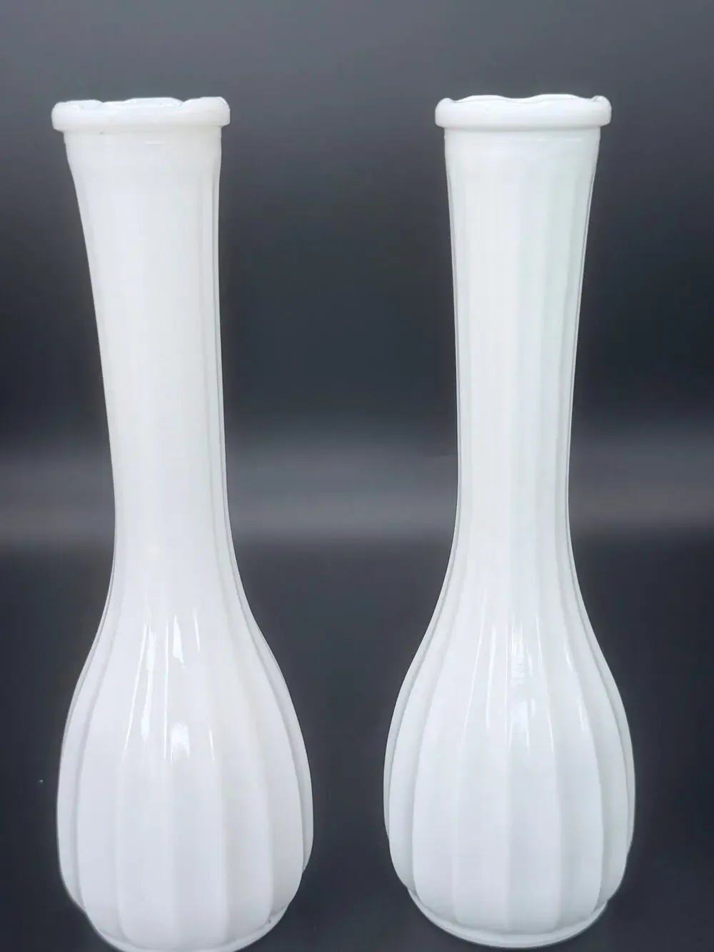 Vintage CLG Co Milk Glass Bud Vases Set of 2 Fluted Scalloped Rim 9.25in